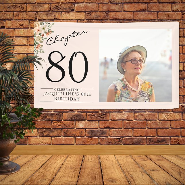 18. Geburtstag Blumenrosa Foto Banner (Unique 80th birthday floral banner. Personalized with your text and favorite photo. )