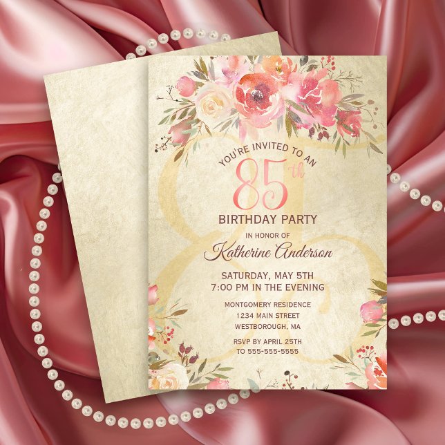 18. Geburtstag Blumenrosa Rosen Goldschimmer Party Einladung (Vintage 85th Birthday Party Invitation with pink roses and a gold shimmer background.)