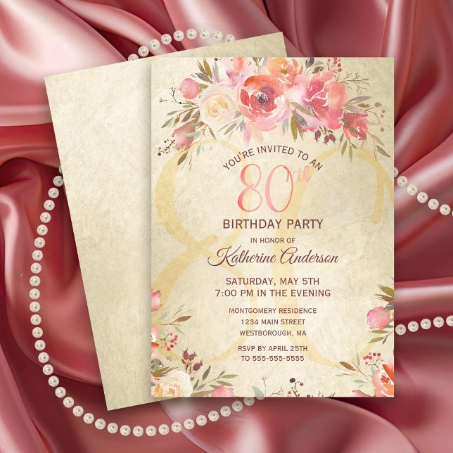 18. Geburtstag Blumenrosa Rosen Goldschimmer Party Einladung (Elegant 80th birthday Party Invitation with pink rose floral and gold shimmer)