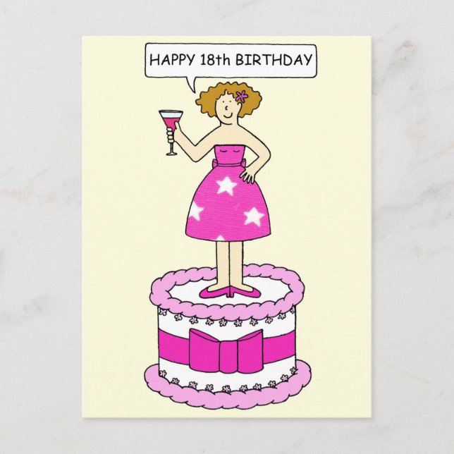 18. Geburtstag Cartoon Lady auf Riesenkuchen Postkarte (Vorderseite)