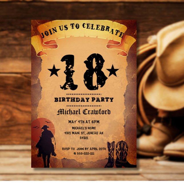 18. Geburtstag Cowboy Alt-Papier Reiten Party Einladung (Von Creator hochgeladen)