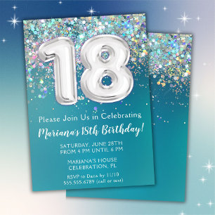 18. Geburtstag Einladung Aquamarin Silber Glitzer