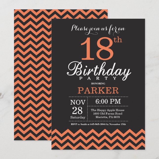 18. Geburtstag Einladung Black and Coral Zickzack (Vorne/Hinten)