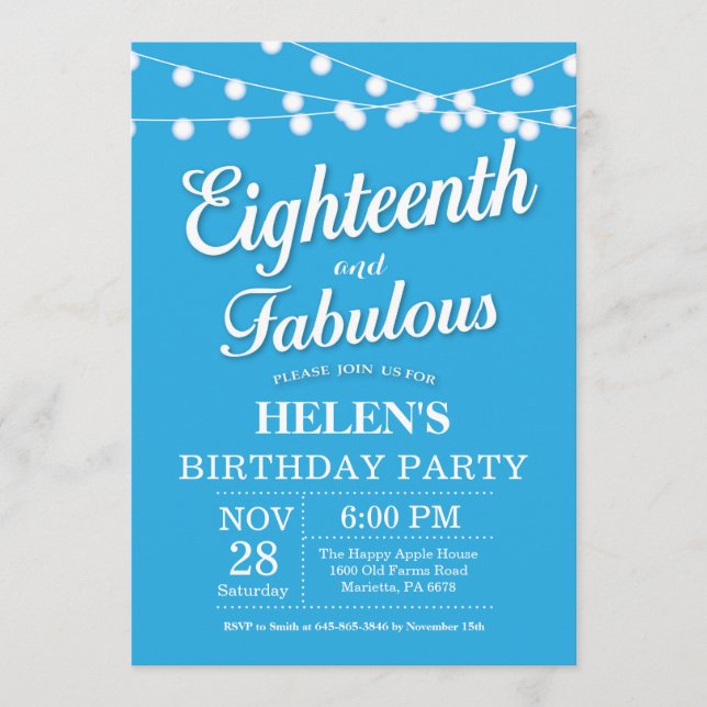 18. Geburtstag Einladung Blue Fabulous (Vorderseite)