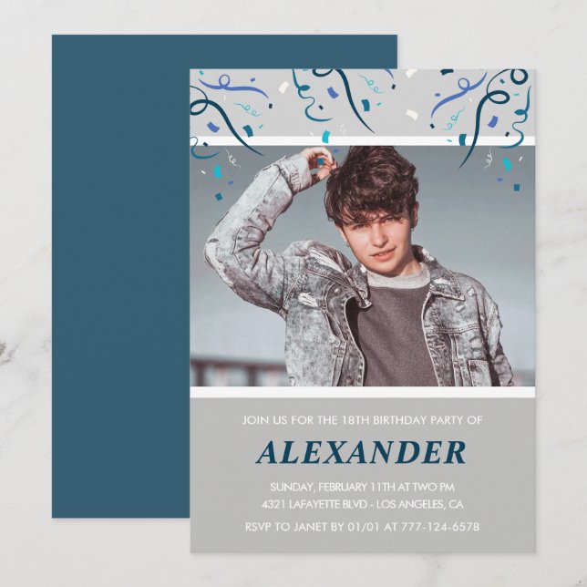 18. Geburtstag Einladung Junge Confetti Foto Blue (Vorne/Hinten)