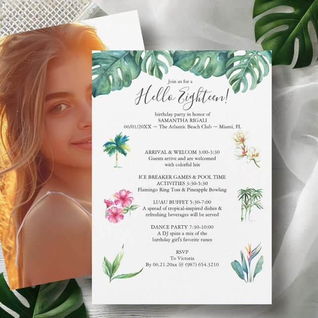18. Geburtstag Einladungen Luau Pool Party (18th birthday invitations tropical flowers icons watercolor art by Victoria Grigaliunas )