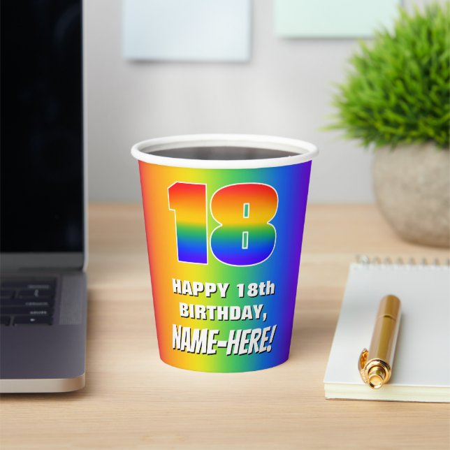 18. Geburtstag: Farbiges, lustiges Regenbogenmuste Pappbecher (InSitu)