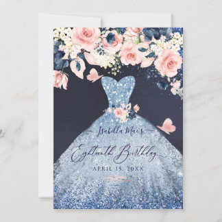 18. Geburtstag floraler Dusty Blue Glitzer Gown Einladung
