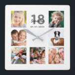 18. Geburtstag Foto Collage Freunde Quadratische Wanduhr<br><div class="desc">Eine Wanduhr als Geschenk für einen 18. Geburtstag einer Frau,  die ihr Leben mit einer Collage von 7 Ihrer Fotos feiert.  Personalisieren und fügen Sie einen Namen,  Alter 18 und ein Datum.  Geburtsdatum oder das Datum des Jahrestages.  Schwarz-Graue Buchstaben.  Ein schick weißer Hintergrund.</div>
