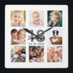 18. Geburtstag Foto Collage Mädchen Meilenstein Quadratische Wanduhr<br><div class="desc">Eine Wanduhr als Geschenk für einen 18. Geburtstag eines Mädchens,  einer jungen Frau,  die ihr Leben mit einer Collage von 8 deiner Fotos feiert.  Personalisieren und fügen Sie einen Namen,  Alter 18 und ein Datum.  Geburtsdatum oder das Datum des Jahrestages.  Schwarz-Graue Buchstaben.  Ein schick weißer Hintergrund.</div>