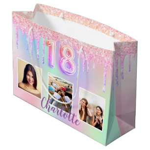 18. Geburtstag Foto rosa lila holografische Große Geschenktüte