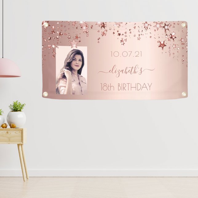 18. Geburtstag Foto Rose Gold Rosa Glitterstars Banner (Von Creator hochgeladen)