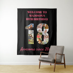 18. Geburtstag Fotocollage Pink Schwarzer Hintergr Wandteppich