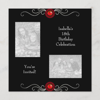 18. Geburtstag Fotos Black Silver Red Jewel Trim Einladung