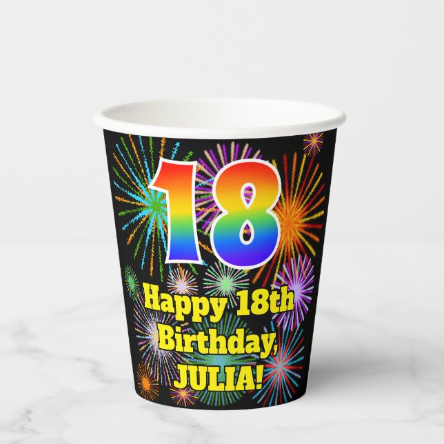 18. Geburtstag: Fun Fireworks Pattern + Regenbogen Pappbecher (Vorderseite)