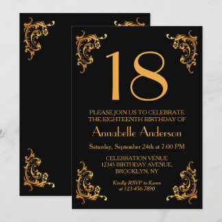 18. Geburtstag Glam Modern Gold Black Vintag Retro Einladung