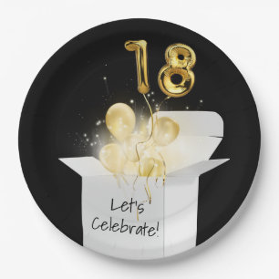 18. Geburtstag Gold Ballons in weißer Box Pappteller