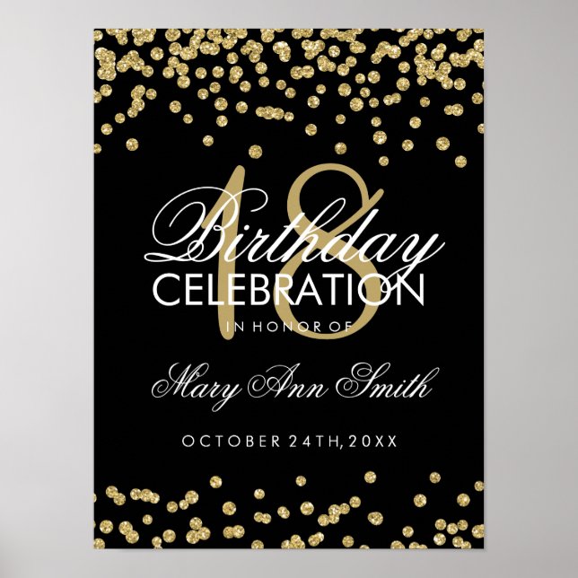 18. Geburtstag Gold Imitate Glitzer Confetti Black Poster (Vorne)
