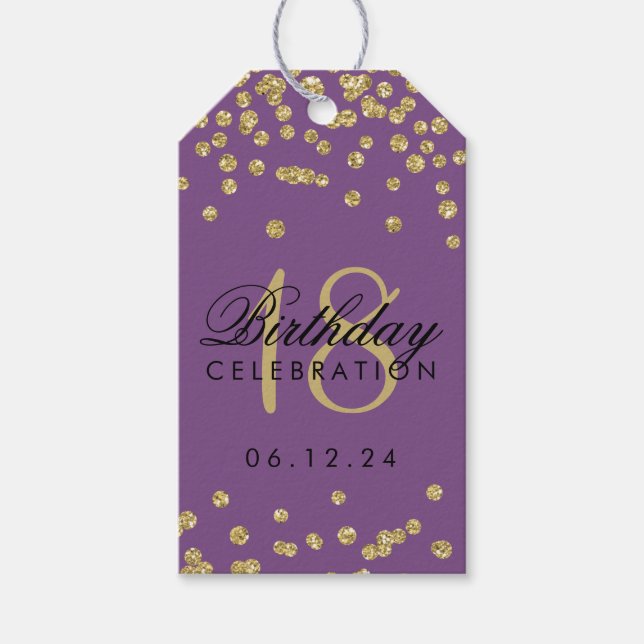 18. Geburtstag Gold Imitate Glitzer Confetti Lila Geschenkanhänger (Vorderseite)