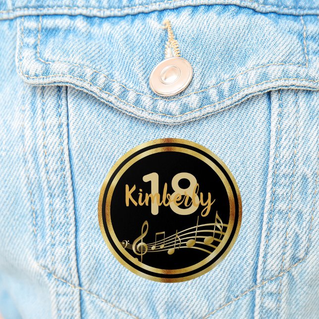 18. Geburtstag Gold Musiknoten auf stilvollen schw Button (Von Creator hochgeladen)