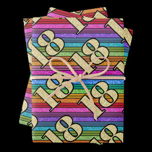 18. Geburtstag Gold Zahlen Rainbow Stripe Glitzer Geschenkpapier Set