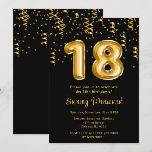 18. Geburtstag Goldene Luftballons mit Konfetti Einladung