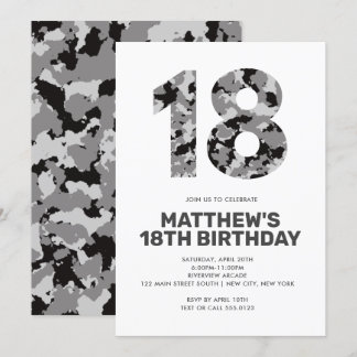 18. Geburtstag, Grauer Camouflage Personalisierter Einladung