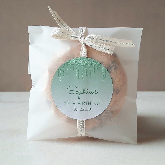 18. Geburtstag Grüner Glitzer Tropfen Rundaufklebe Runder Aufkleber (Von Creator hochgeladen)