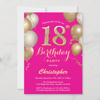 18. Geburtstag Hot Pink und Gold Balloons Confetti Einladung
