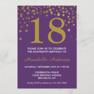 18. Geburtstag Lila Gold Confetti Dot Moderner Chi Einladung