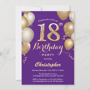 18. Geburtstag Lila und Gold Balloons Confetti Einladung