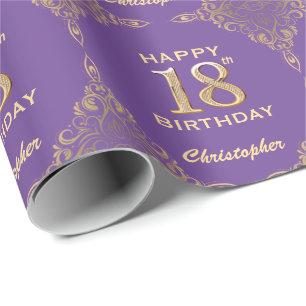 18. Geburtstag Lila und Gold Glitzer Frame Geschenkpapier