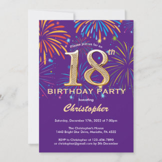 18. Geburtstag Lila und Gold Rainbow Fireworks Einladung