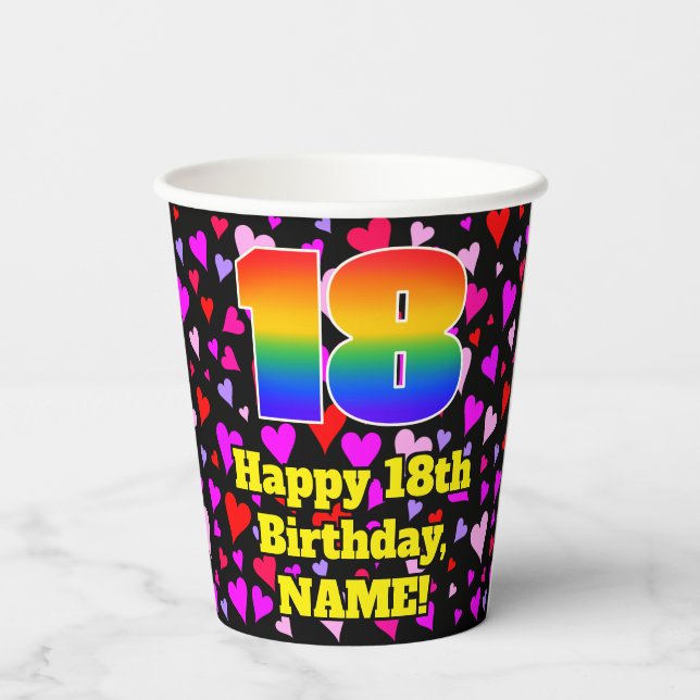 18. Geburtstag: Loving Hearts Pattern, Regenbogen  Pappbecher (Rückseite)