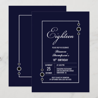 18. Geburtstag Navy Blue mit White Frame Party Einladung