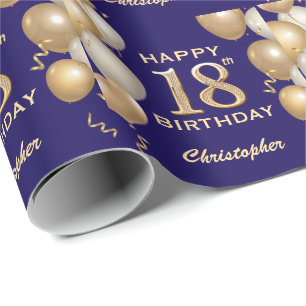 18. Geburtstag Navy Blue und Gold Glitzer Balloons Geschenkpapier