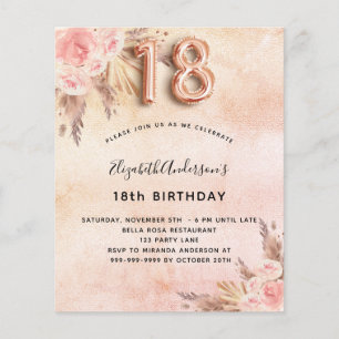 18. Geburtstag Pampasgras-Rosen Budget-Einladung Flyer