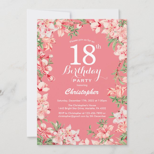 18. Geburtstag Pink Boho Botanische Blume Einladung (Vorderseite)
