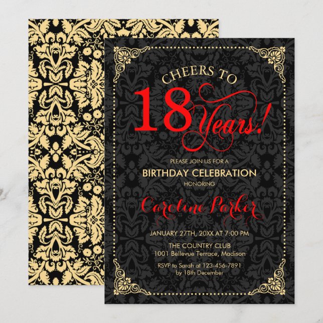 18. Geburtstag - Red Gold Black Damask Einladung (Vorne/Hinten)