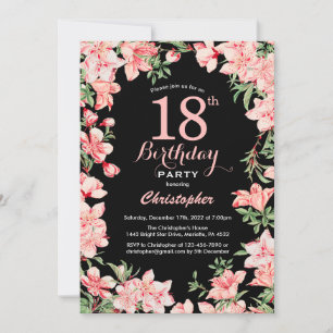 18. Geburtstag Rosa Blume Schwarzer Hintergrund Einladung