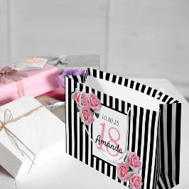 18. Geburtstag Rosa Florale Schwarz-weiße Streifen Große Geschenktüte