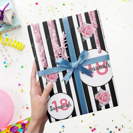 18. Geburtstag rosa Glitzer Schwarz-weiße Streifen Geschenkpapier