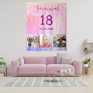 18. Geburtstag rosa lila Foto Glitzer Tropfen Name Wandteppich