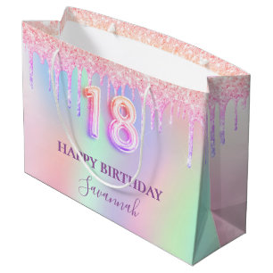 18. Geburtstag rosa lila Tropfen holografisch Große Geschenktüte