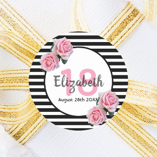 18. Geburtstag rosa Rosen auf Schwarz-weißen Strei Runder Aufkleber