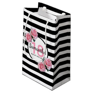 18. Geburtstag rosa Rosen Schwarz-weiße Streifen Kleine Geschenktüte