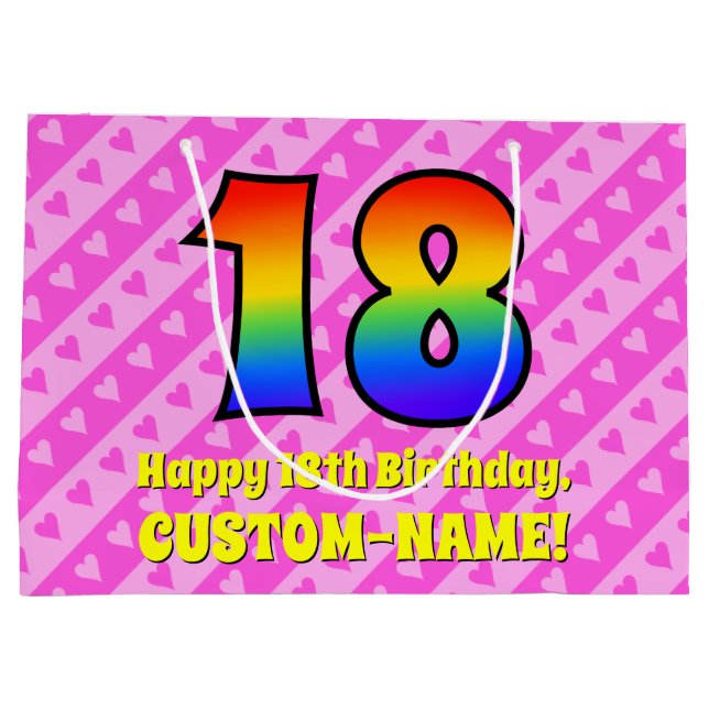 18. Geburtstag: Rosa Streifen & Herz, Regenbogen # Große Geschenktüte (Rückseite)