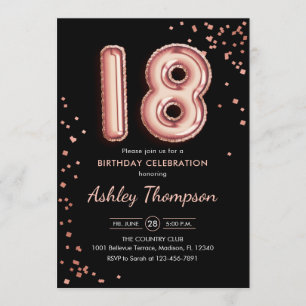 18. Geburtstag - Rose Gold Balloons Black Einladung