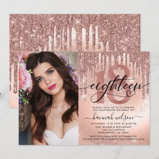 18. Geburtstag Rose Gold Foil & Glitzer Foto Einladung