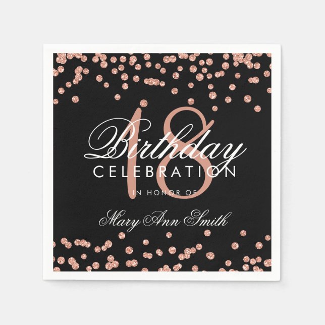 18. Geburtstag Rose Gold Glitzer Confetti Black Serviette (Vorderseite)